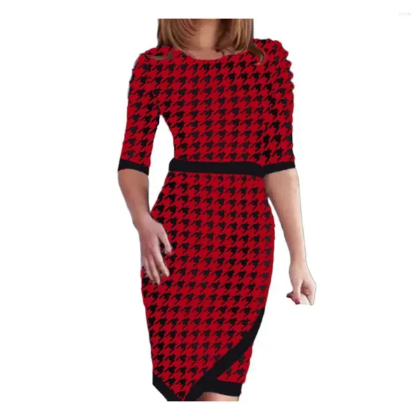 Vestidos casuais comute midi vestido elegante joelho comprimento com bainha dividida irregular impressa correspondência de cores para mulheres slim fit em torno do pescoço