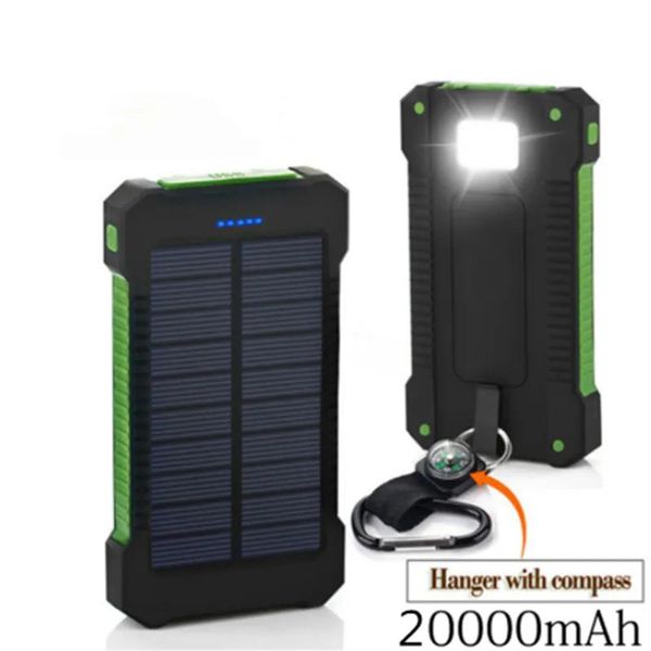 Bankalar 20000mAH Solar Güç Bankası Su Geçirmez Şarj Cihazı Çift USB Harici Şarj Cihazı Açık Mobil Mobil Taşınabilir Pil Powerbank