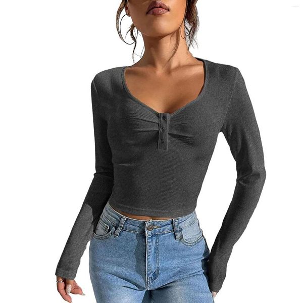 T-Shirts für Damen TETYSEYSH Frauen Crop Ribbed Knit Tops Einfarbig 1/2 Button Langarmshirt Lässige Pullover für Club Streetwear