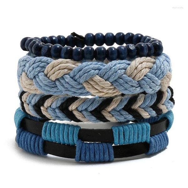 Armreif Ethnisch 4 Teile/satz Holzperlen Charme Handarbeit Gewebt Männer Lederarmbänder Frauen Vintage Männlich Homme Schmuck Zubehör