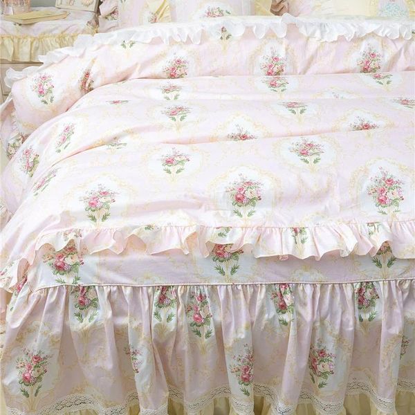 Комплекты постельного белья розовый французский покрывало полный комплект льняная простыня с принтом роз в стиле ретро наволочка одеяло домашний элегантный пасторальный комплект постельного белья