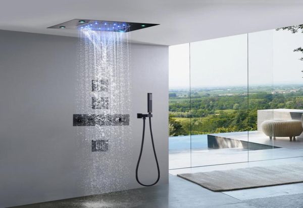 Preto fosco cachoeira termostática led sistema de chuveiro chuva 14 x 20 Polegada retângulo luxo ceil montado cabeça misturador do banheiro torneira se2279148