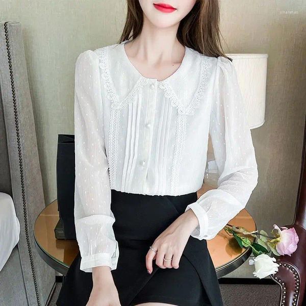Blusas femininas primavera e verão elegante temperamento roupas emendadas botão plissado borda boneca pescoço manga longa camisa de cor sólida