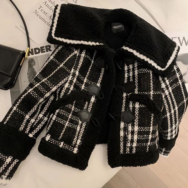 Winter Schwarz Plaid Jacke Frauen Lamm Wolle Liner Mantel Damen Verdicken Koreanische Lose Sailor Kragen Casual Weibliche Tops Oberbekleidung 231229