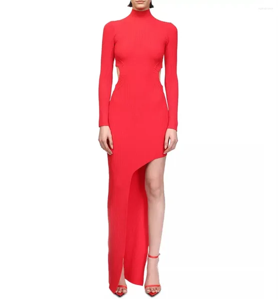 Abiti da festa Elegante lungo da sera in crêpe rosso con collo alto e tubino con spacco, lunghezza del pavimento, abito da ballo per occasioni formali per le donne