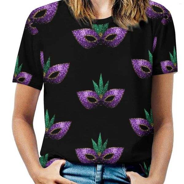 Mulheres Camisetas Mardi Gras Máscara Roxo Verde Ouro Faux Sparkles Mulher T-shirt Primavera e Verão Impresso Tripulação Pescoço Pulôver Top