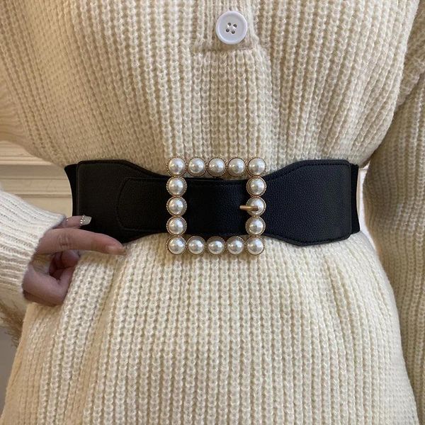 Gürtel Mode Damen Temperament Perle Elastischer Gürtel PU Schwarz Und Weiß Feine Kleid Kleidung