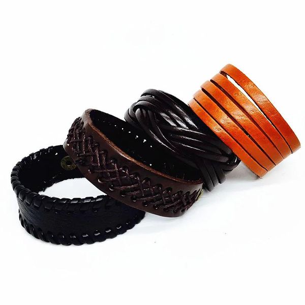 Bangle 30pcs pulseira de couro genuíno homens preto/marrom/café ampla moda botão de imprensa vintage manguito charme pulseira atacado