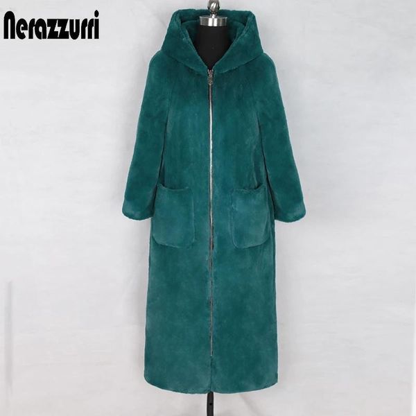 Kleid Nerazzurri Winter Langer Kunstpelzmantel mit Kapuze Langarm-Reißverschluss Schwarzer pelziger Fake-Kaninchenfell-Outwear Plus Size Koreanische Mode