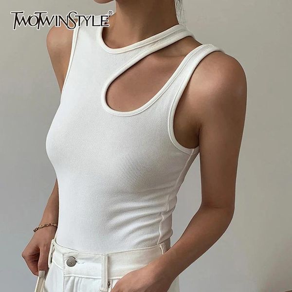 Camicie twotwinstyle casual bianca tagliata la maglietta femminile rotonda a collo rotondo senza maniche coreane magliette sottili camicie femminile 2022 moda estiva