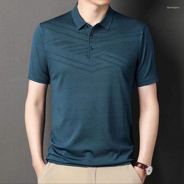 Polos masculinos moda verão masculino casual lapela fina fino ajuste camisas polo respirável secagem rápida macio sólido negócios topos homme camiseta