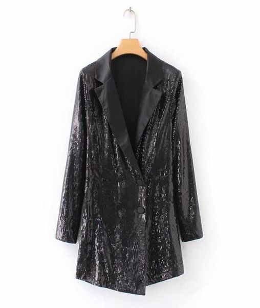 Feminino preto lantejoulas blazer playsuits duplo breasted macacão manga longa brilhante macacão feminino casual macacão terno y1905026525708