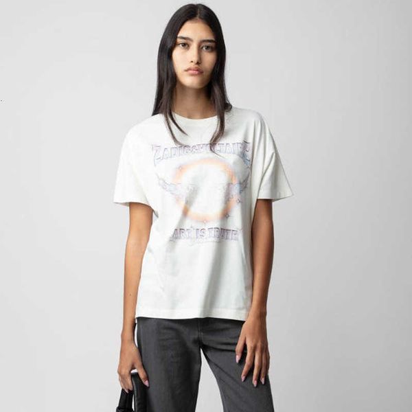 24 Inizio primavera Nuova nicchia francese Zadig Voltaire2024 T-shirt a maniche corte da donna con stampa digitale fronte e retro Arcobaleno Ali in cotone diviso