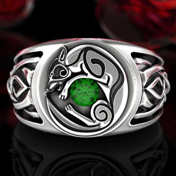 S925 prata esterlina nó celta lobo anel moda vintage viking animal jóias casamento noivado esmeralda diamante nórdico lobo pa2599