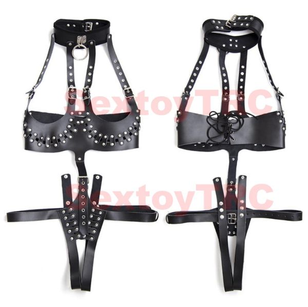 Sexy Brust-Körpergeschirr mit offenem Schritt, ouvert, Domina-Kostüm, Kunstleder, schwarz, mit Nieten besetzt, BDSM-Bondage-Korsettträger für Frauen. 8225700