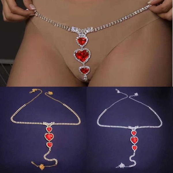 2021 Strass Sexy Bikini Rotes Herz Unterwäsche Tanga Körperschmuck Taillenketten für Mädchen Luxus Kristall Tanga Höschen Körperkette P251I