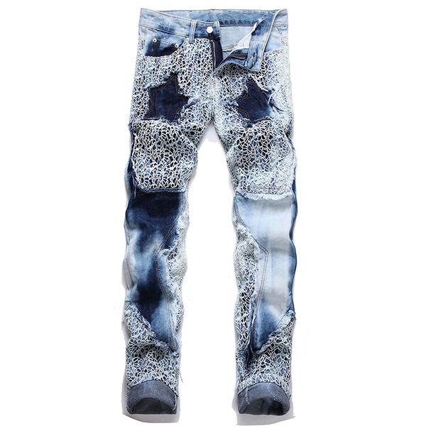 Jeans larghi ricamati strappati dritti per uomo Pantaloni in denim con ragnatela moda di strada Pantaloni con giunture a contrasto di colore