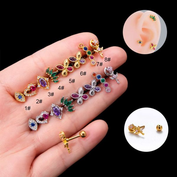 Parafuso cirúrgico de aço inoxidável Coração Barbell Brinco Bola Helix Studs Anel de orelha Haste grossa Brincos de cartilagem Vermelho Cubic Zircon Piercing Body Jewelry Bijoux