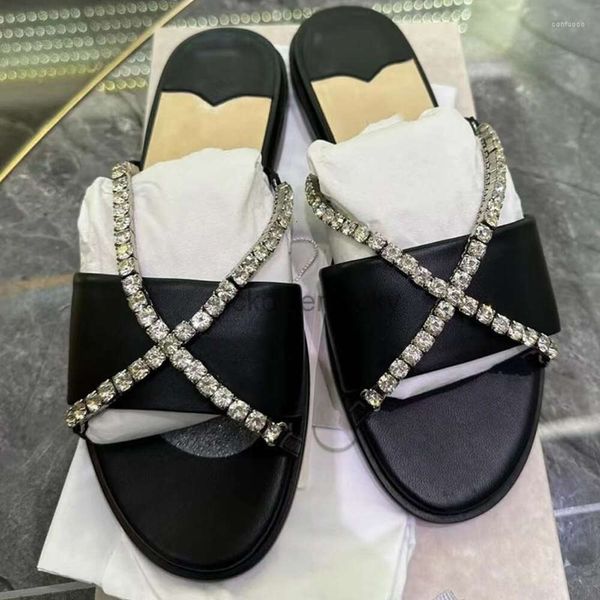 Jimmyness Choo Scarpe basse Pantofole alte Catena di strass di qualità incrociata per le donne Designer Open Toe Scarpe da spiaggia Donna Pantuflas neri Chinelos bianchi