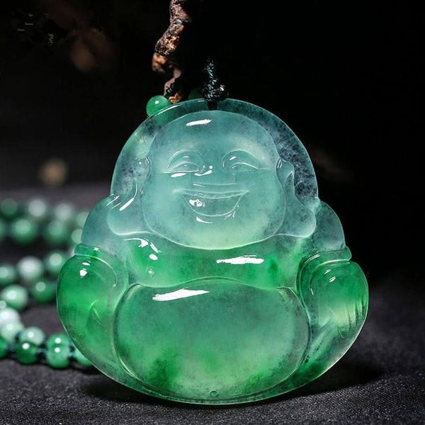 Statua di Buddha Maitreya intagliato ciondolo in giada naturale cinese bianco verde giada sorriso Collana Gioielli238w