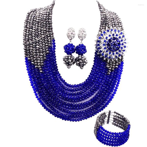 Collana Orecchini Set Azuv 10 file Royal Blue Donna Gioielli africani Perline di cristallo Festa nuziale