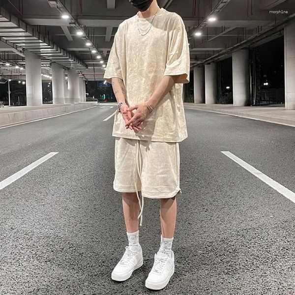 Erkek Şort Harajuku Süet Kaju Çiçek Baskı Gündelik Drawstring Yaz Retro High Street büyük boy geniş beş nokta pantolon