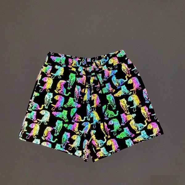 Mens Shorts Mticolor Reflexivo Cogumelo Tigre Zebra Snakeskin Homens Verão Noite Brilhante Biker Mulheres Calças Curtas Casal Hip Hop Sexy D Dhqey