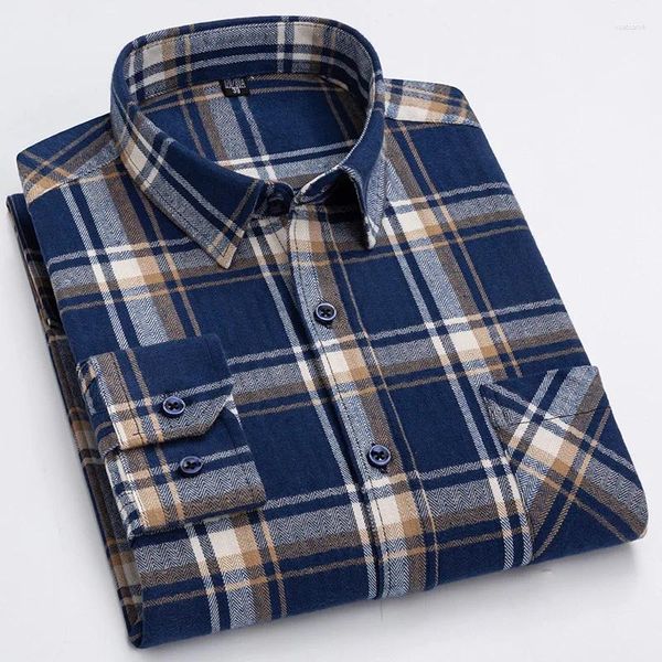 Camicie casual da uomo S-6XL Plaid per maniche lunghe in cotone Moda Tasca singola applicata Design Giovane Camicia in flanella spessa standard-fit