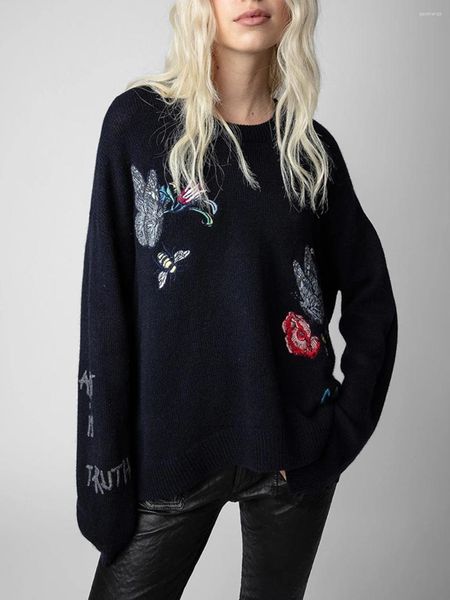 Maglioni da donna Farfalla Ricamata 2023 Autunno Inverno Abbigliamento Manica lunga O-Collo Maglione Femminile Vintage Pullover Maglione
