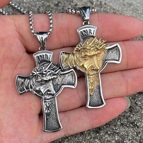 Hanger Kettingen Mode Vintage Rvs Jesus Cross Ketting Mannen Jongens Gezicht Ketting Amulet Sieraden Groothandel