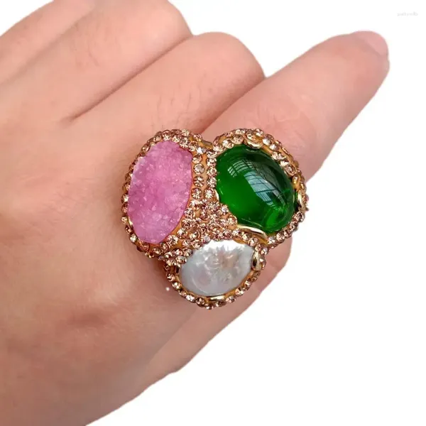 Anelli a grappolo YYGEM 30mm Perla bianca coltivata Agata rosa Druzy Anello da dito femminile regolabile in cristallo verde