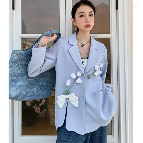 Женские костюмы 2023, весенне-летний пиджак с длинными рукавами, повседневный синий пиджак с трехмерным цветочным разрезом в литературном стиле