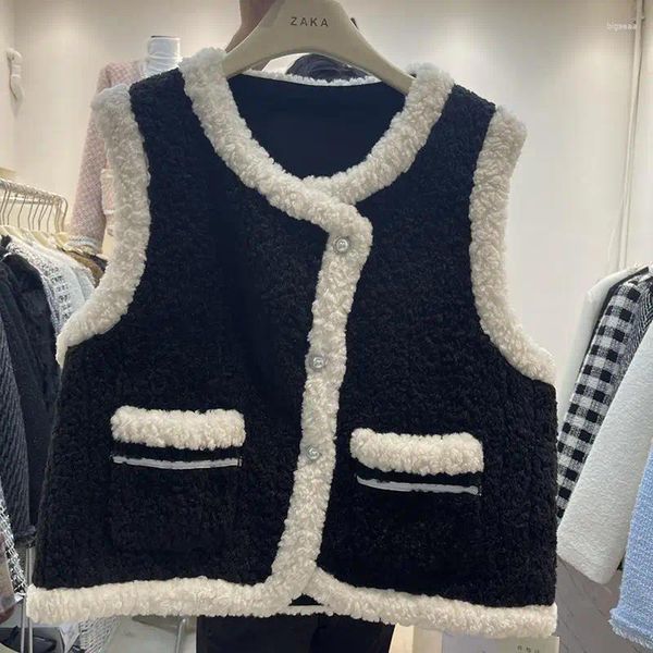 Gilet da donna in pelliccia sintetica Chalecos Para Mujer con scollo a V gilet in lana di agnello gilet da donna giacche larghe per il 2024 abiti vintage cappotto nero