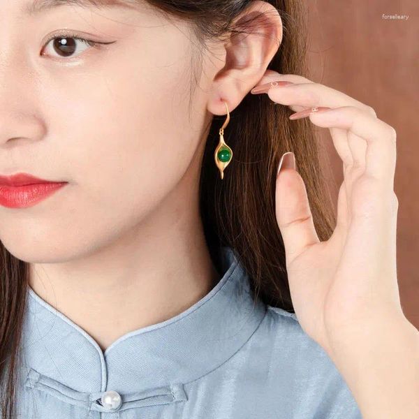 Brincos pendurados design original em jade natural para mulheres vintage chinês simples antigo ouro artesanato joias