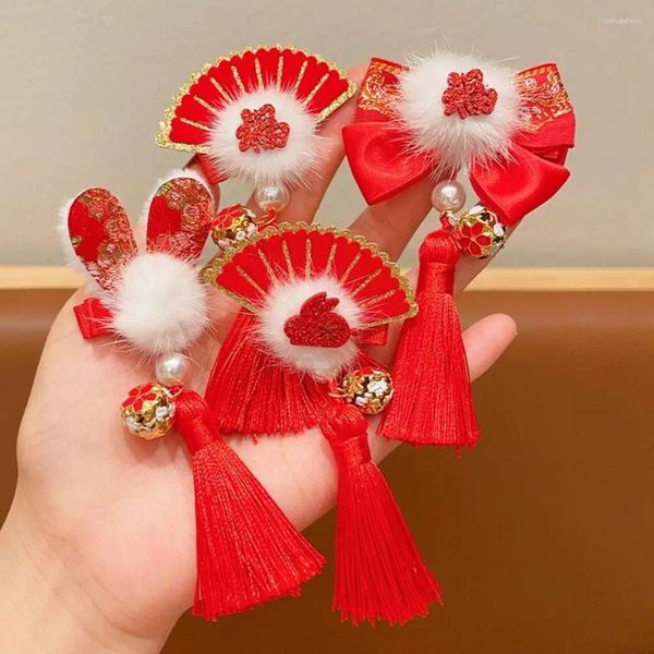 Accessori per capelli Peluche per bambini Fiocco rosso Forcina Fan Anno cinese Copricapo Antico stile Tang Suit Clip