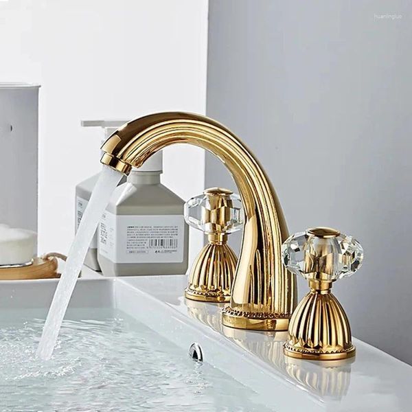 Badezimmer Waschbecken Wasserhähne Gold Messing Becken Wasserhahn Deck montiert Kristall Doppelgriff Drei Loch Kalt- und Mischwasserhahn Badewanne