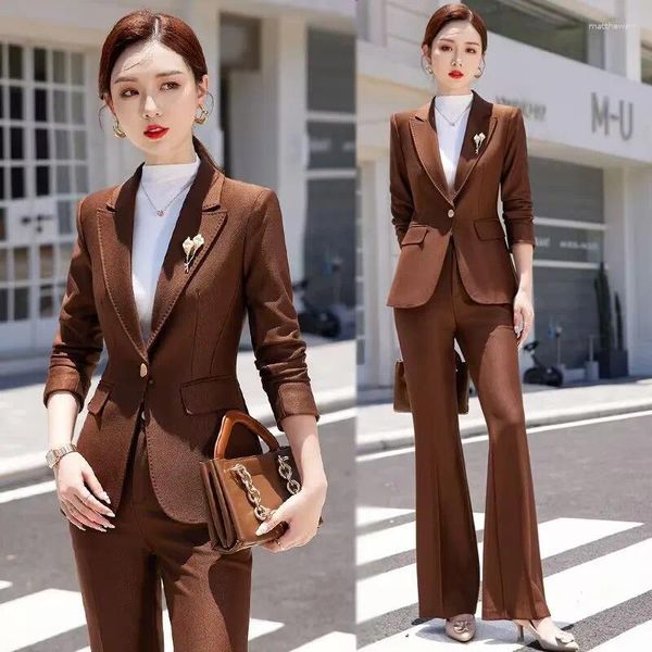 Damen Zweiteiliger Hosenanzug Kaffee Grün Schwarz Rot Slim Blazer Flare Hose 2 Set 2023 Herbst Winter Formelle Bürodame Arbeitsanzüge