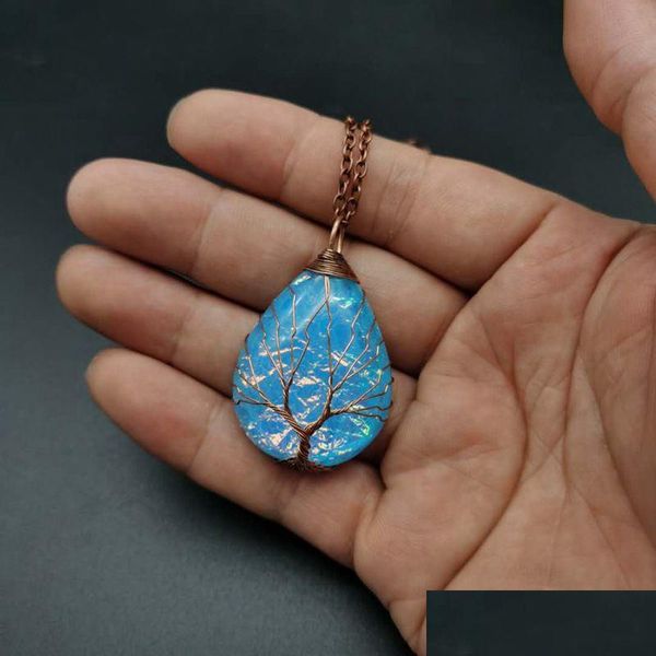 Anhänger Halsketten Kupferdraht Wicklung Wassertropfen Baum des Lebens Halskette Farbwechsel Ripple Power Stone Hip Hop Schmuck Lieferung Stift Dh1U7