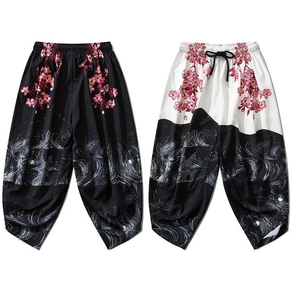 Calças estilo japonês harajuku calças masculinas sakura samurai traje solto moda feminina tradicional bloom calças haori