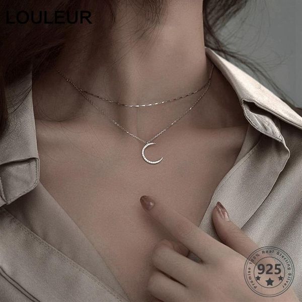 Louleur real 925 prata esterlina lua colar elegante dupla camada corrente de ouro colar para mulheres moda luxo jóias finas 09281f