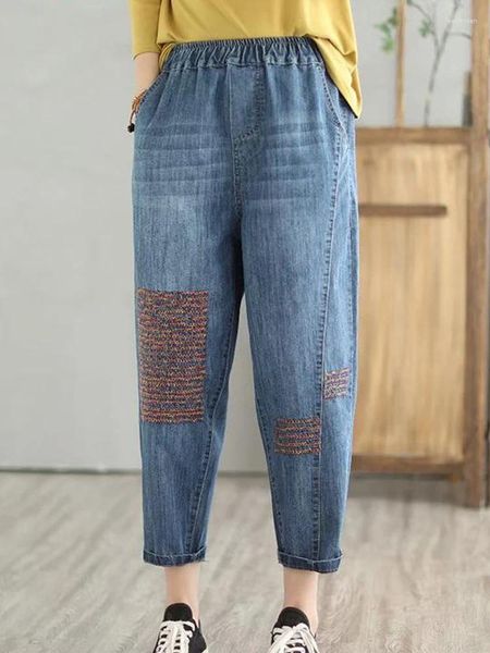 Damen Jeans Mode Frau Sommer Vintage Lose Denim Bunte Stickerei Knöchellang Lässige Haremshose Elastische Taille Baggy