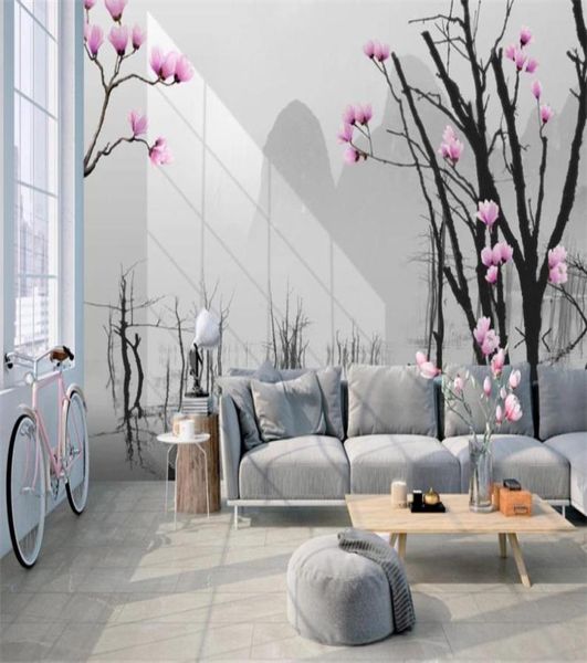 Carta da parati murale 3d moderna semplice albero morto grande albero fiori rosa paesaggio soggiorno camera da letto rivestimento murale carta da parati HD7504672