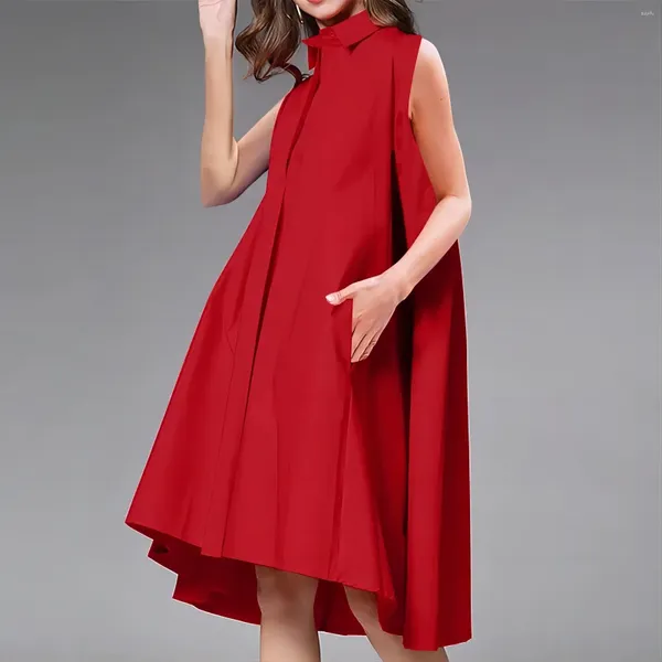 Vestidos casuais mulheres lapela joelho-comprimento vestido sexya-line shirtdress 2023 primavera e verão sem mangas tankdress moda chique cor vermelha