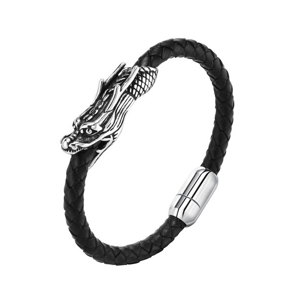 Edelstahl Biker Drachen Lederarmband Stahl Schwarz Herrenarmband Mode Vater Geschenke 6mm 8,26 Zoll n698