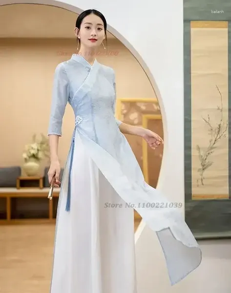 Abbigliamento etnico 2023 Ao Dai chiffon lungo Aodai donne Vietnam stampa fiore cheongsam vintage colletto alla coreana elegante abito tradizionale