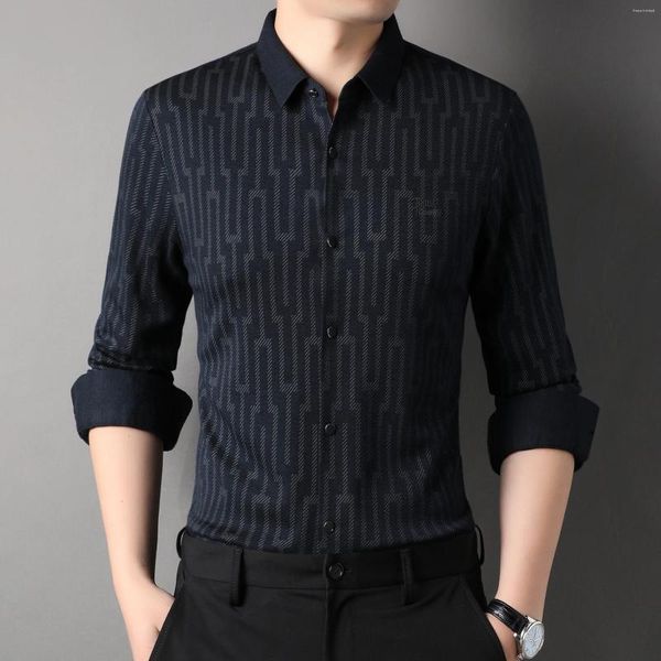 Camisas casuais masculinas chegada camisa de lã outono impressão bordado manga longa qualidade luxo tendência de negócios moda inferior masculino topo