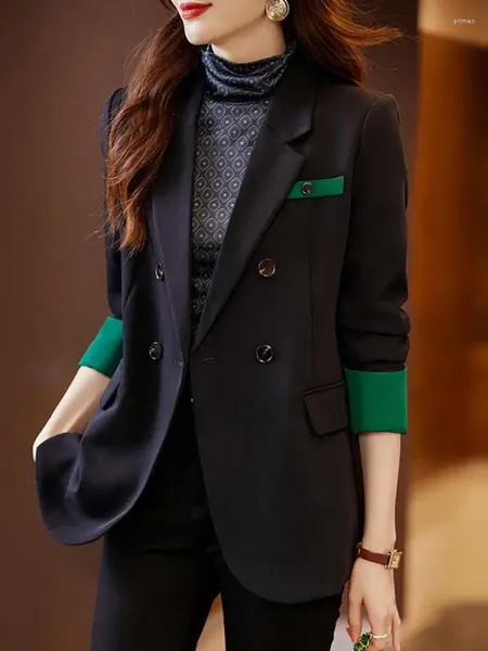 Женские костюмы, весенне-осенний черный двубортный пиджак, женский элегантный зеленый пиджак, офисное женское пальто, модная винтажная одежда