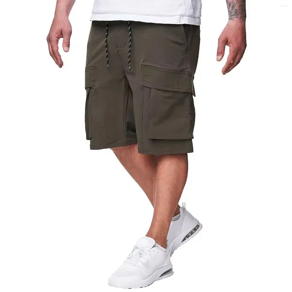 Shorts masculinos verão homens carga solta casual cor sólida calças curtas com bolsos de cintura elástica esportes hip hop militar tático