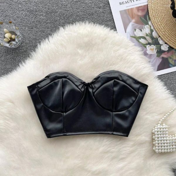 Canotte da donna Donna in similpelle senza spalline senza reggiseno imbottito sul petto Canotte estive con bottoni posteriori Canotte sexy senza schienale nere con spalle scoperte