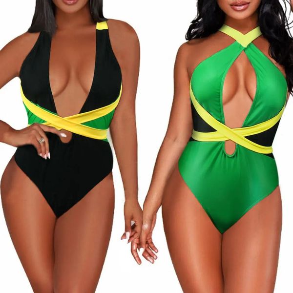 Indossa Voaryisa Costume da bagno intero da donna con bandiera caraibica Rasta modellante per il corpo, costume da bagno monokini
